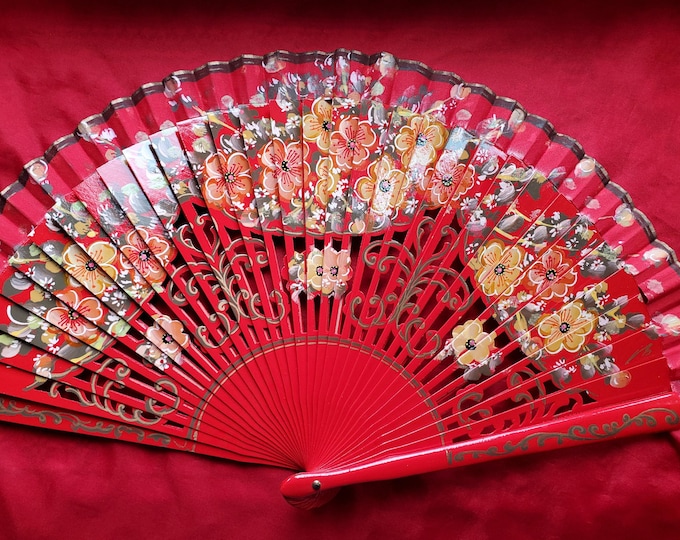 F-0007 - Hand Painted Wooden Fan – Vintage Style, Floral Design, Georgian, Regency, Victorian