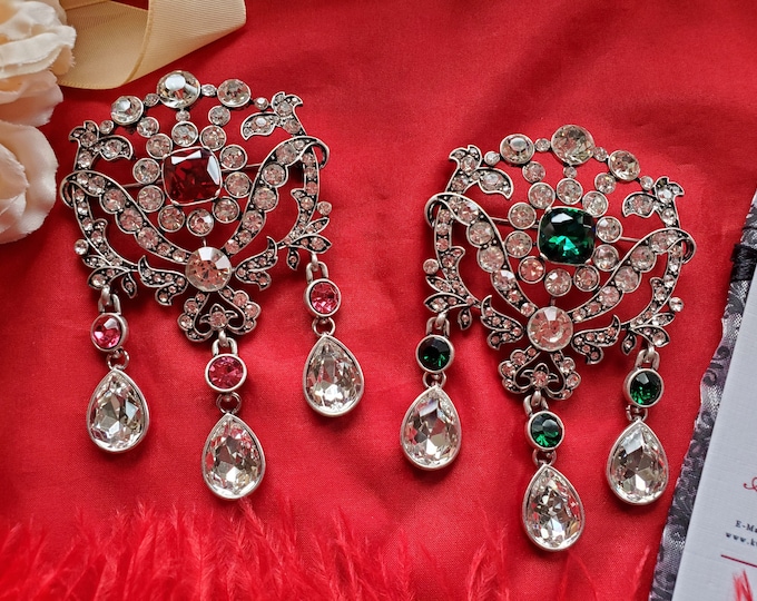 BR-0030 - Red or Green Georgian Style Stomacher Crystal Brooch - 18th Century Stomacher - 18th Century Stomacher Brooch