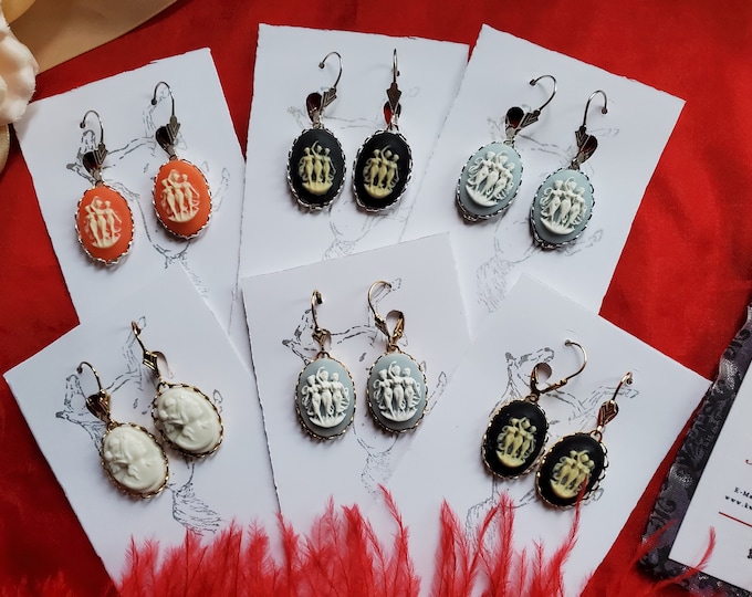 E-0550A - Three Graces Cameo Earrings - 18th Century Earrings, Regency Earrings, Neoclassical Cameo, Three Graces, Blue Cameo, Black Cameo