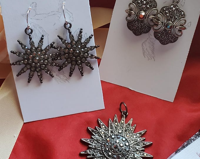 E-0030 / PE-0107 - Marcasite Style Gunmetal Earrings and Pendant
