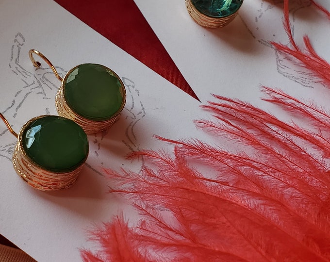 E-0653 - Aquamarine or Apple Green Circle Drop Earrings - Simple, Elegant, All Occasion,