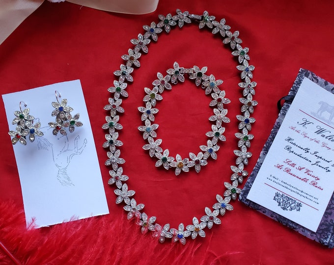 S-0018 - Vintage Multi-Color Rhinestone Necklace, Bracelet, and Earrings - 1950, Parure
