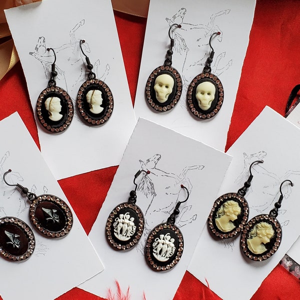 E-0523 - Black Wire Earwires with Black Cameo or Three Graces Cameo and Rhinestone Drop Earrings