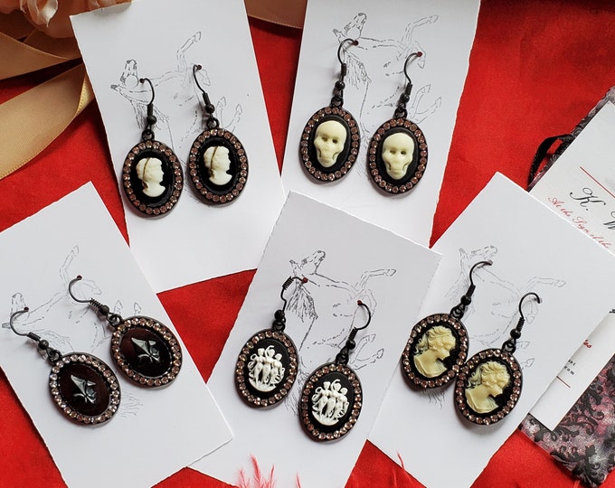 E-0523 - Black Wire Earwires with Black Cameo, Skulls, or Three Graces Cameo and Rhinestone Drop Earrings - Steampunk, Goth, Mourning