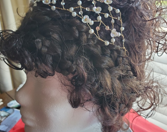 HA-0080A - Crystal and Glass Flower Hairband - Updo, Hair Decoration, Hair, Ballet, Prom, Wedding, Dance, Living History, Costuming