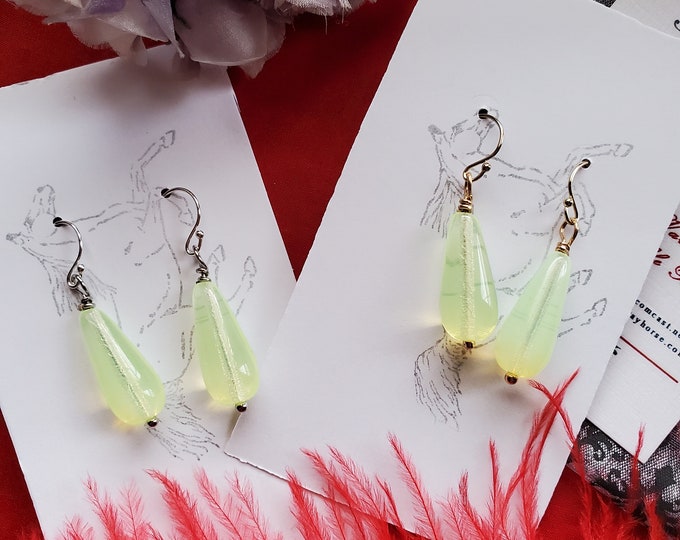 E-0665 - Jonquil Czech Glass Teardrop Earrings - Czech Glass, Yellow Green