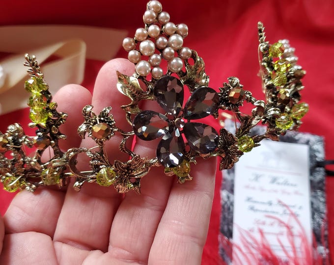 T-0003 - Fairy Crystal Enamel Leaf and Pearl Tiara - Halloween, Regency, Neoclassical