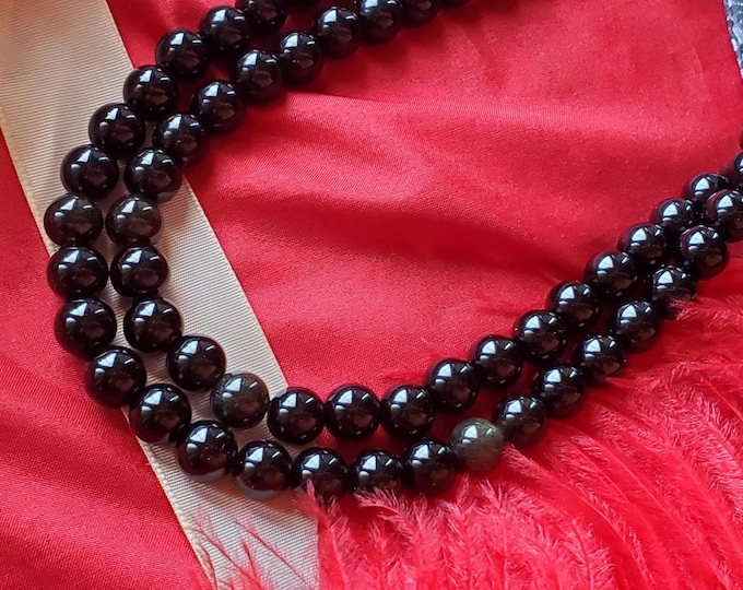 N-0103A - Natural Obsidian Beaded Necklace with Garnet Gold or Silver Plated Clasp - Black