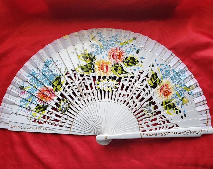 F-0007 - Hand Painted Wooden Fan – Vintage Style, Floral Design, Georgian, Regency, Victorian