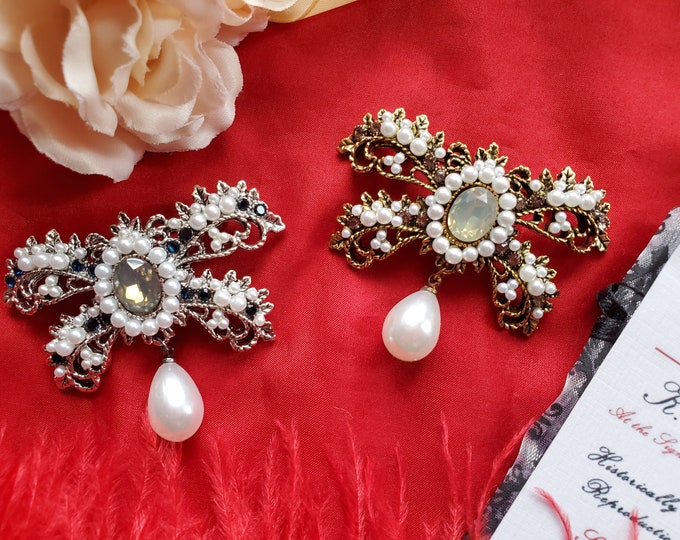 BR-0023 - Pearl and Crystal Bow Brooch - Pearl Brooch, Gold or Silver Plated