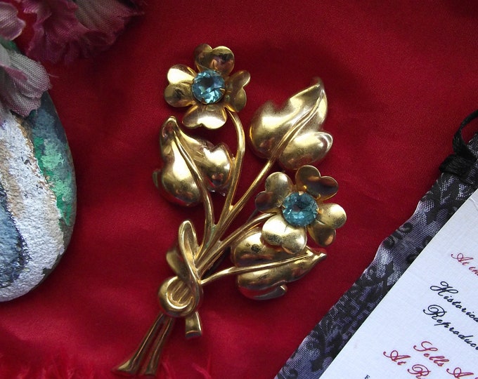 BR-0047 - Antique Coro Floral Spray Brooch - Coro Brooch, Aquamarine, Aigrette,, Pink