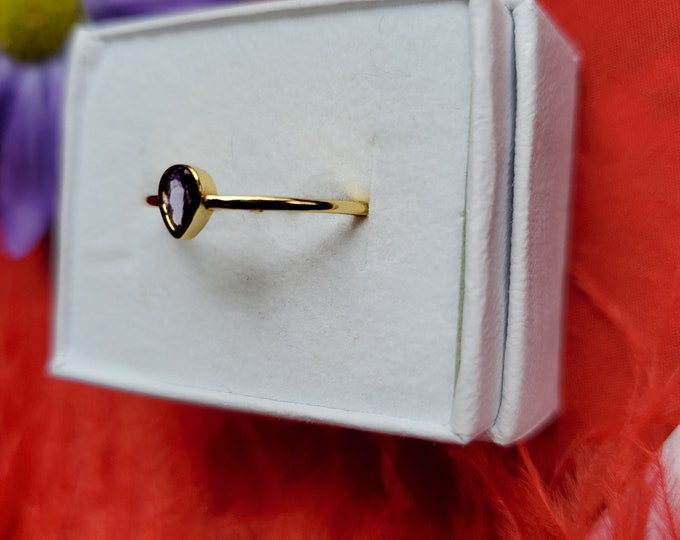 R-0010 - Vermeil and Glass Amethyst Teardrop Ring - Purple