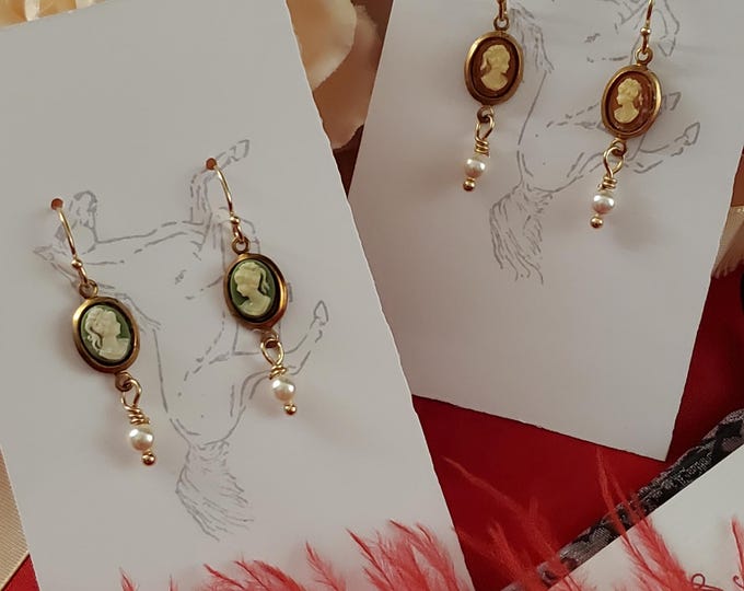 E-0240 - Vintage Cameo and Swarovski Crystal Earrings