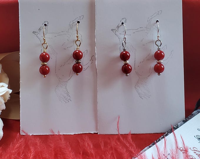 E-0521A - Red Coral Double Drops - Georgian, Regency, Costume, Reenactor, Everyday