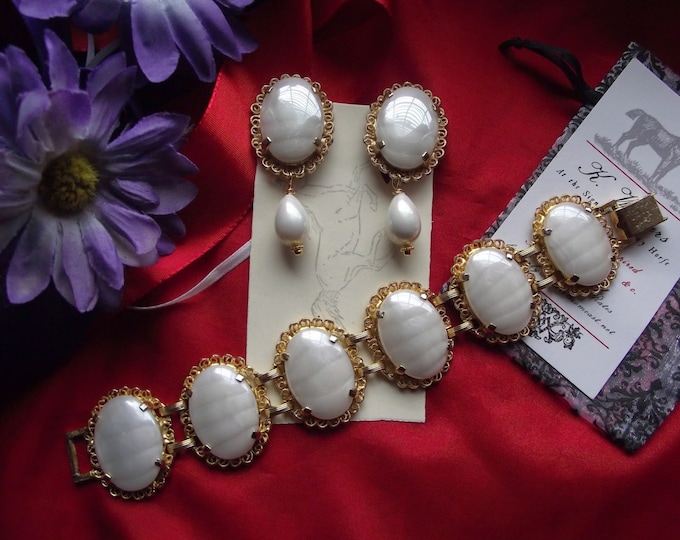 Item S-0006 - Vintage Gibre Glass opalescent Cabochon Bracelet and Matching Leverback Earrings Set - Statement, Vintage, Georgian, White,