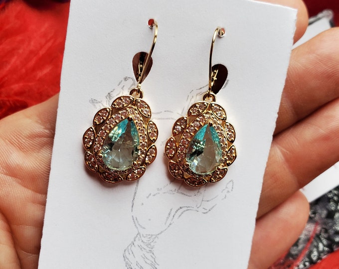 E-0623 - Aquamarine Glass and Clear Rhinestone Earrings, Renaissance, Georgian, Regency, Victorian, Blue