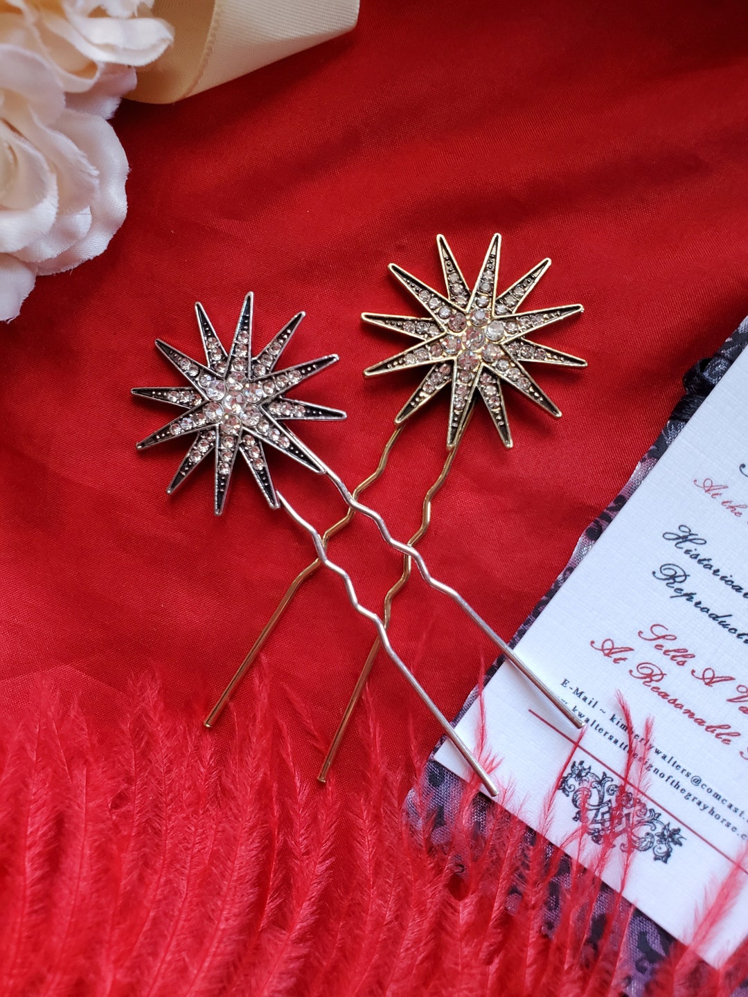 HA0106A Brass Crystal Star Hair Pins Reenacting, Historical Hair Pins