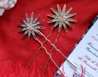 HA-0106A - Brass Crystal Star Hair Pins - Reenacting, Historical Hair Pins, Wig Sprigs, Hair Decorations