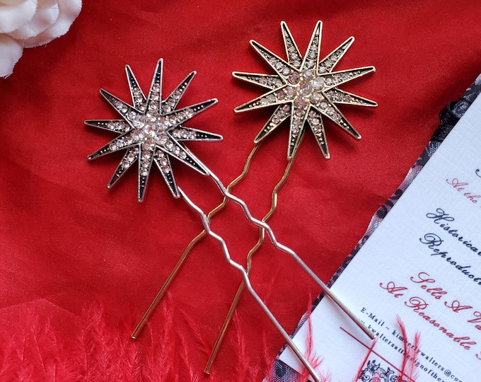 HA-0106A - Brass Crystal Star Hair Pins - Reenacting, Historical Hair Pins, Wig Sprigs, Hair Decorations