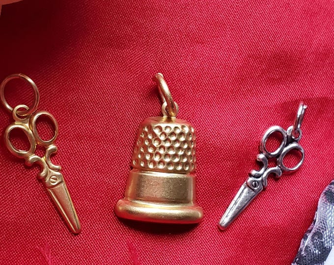 PE-0241 - Brass or Silver Scissor and Thimble Charms - Equipage, Chatelaine, Pendant, Trinket
