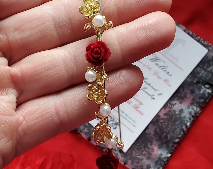 HA-0125 - Pearl and Velvet Flower Gold Headband - Sweetheart, Red, White, Regency, Georgian