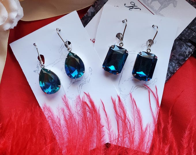E-0243 - Sterling Silver Leverback with Vintage Blue Swarovski Crystal Drop Earrings