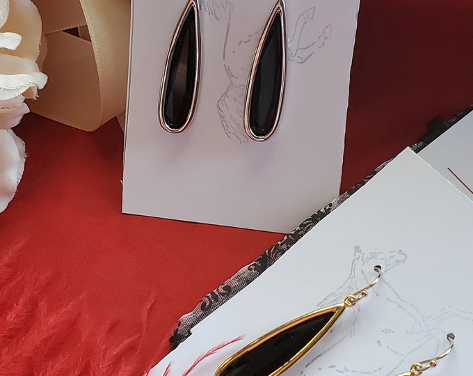 E-0632A - Gold Filled Earwires with Long Onyx Glass Drops - Regency, Civil War, Victorian, Onyx, Black, Jet Glass