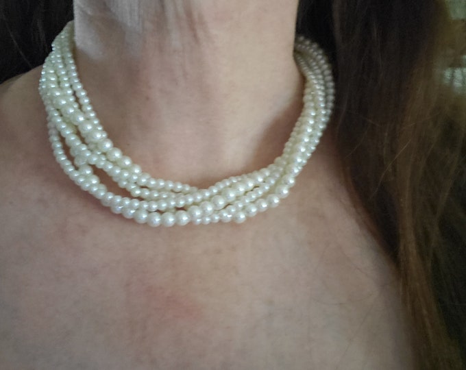 N-0153BC- Cream Glass Pearl 6 Strand Pearl Necklace - Edwardian, 1930's, 1940's, 1950's Costuming, Girls