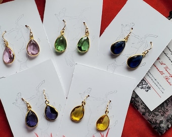 E-0588H - Pendientes de lágrima con piedras preciosas naturales - Estilo georgiano, regencia, cuarzo rosa, peridoto, amatista, citrino, zafiro