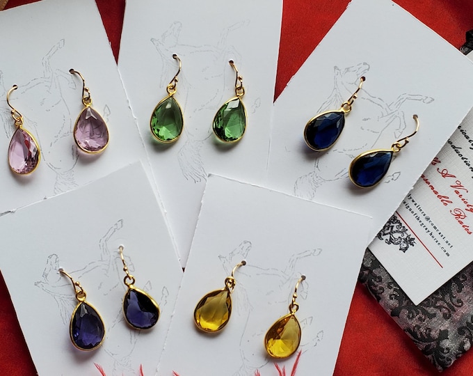 E-0588H - Natural Gemstone Teardrop Earrings - Georgian, Regency, Pink Quartz, Peridot, Amethyst, Citrine, Sapphire