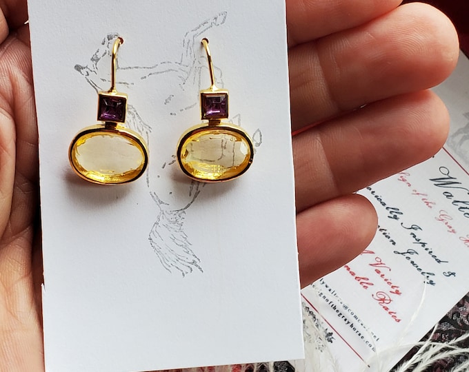 E-0752- Amethyst and Clear Glass Gold Earrings - Revival, Regency, Purple, Clear, Past Times Style
