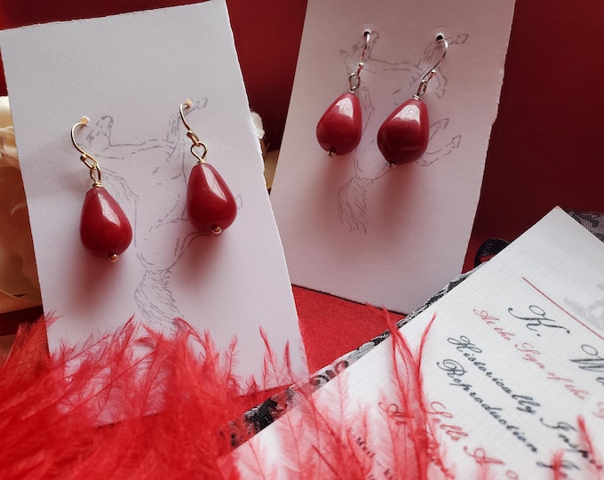 E-0004 - Red Dyed Jade Earrings - Renaissance, Georgian, Regency, Victorian, Costuming, Cosplay, Everyday - Red Coral Style