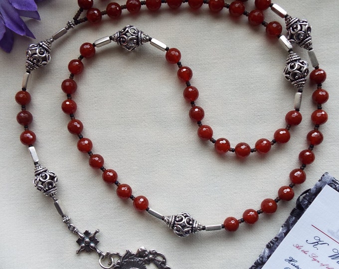 N-0163 - Rosary - Georgian Rosary, Sterling Silver Rosary, Bronze Rosary, Carnelian, Mahogany