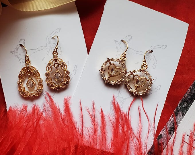 E-0545 - Teardrop or Round Heart Crystal Earrings - Georgian, Regency, Everyday, Costumers