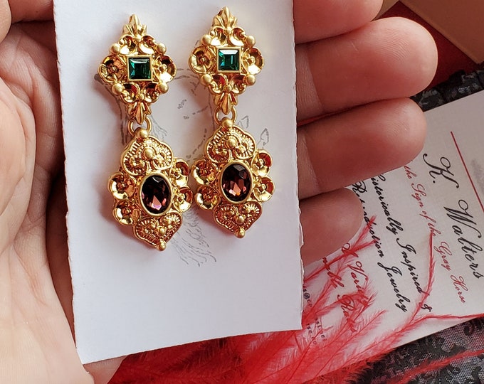 E-0549 - Baroque Emerald and Amethyst Earrings - Renaissance, Baroque, Rococco, Green, Purple