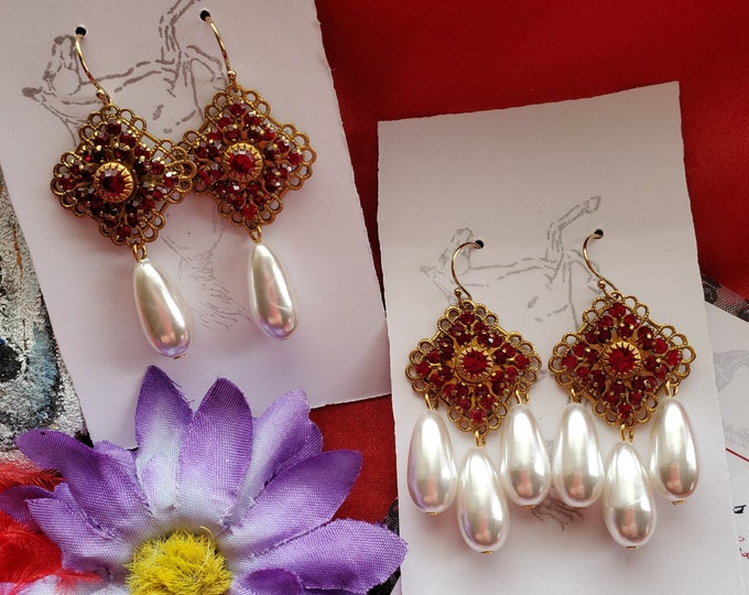 Item E-0207A - Gold-Filled Earwires with Vintage Garnet Rhinestone and White Vintage Glass Pearl Drop Earrings, Renaissance, Girandole
