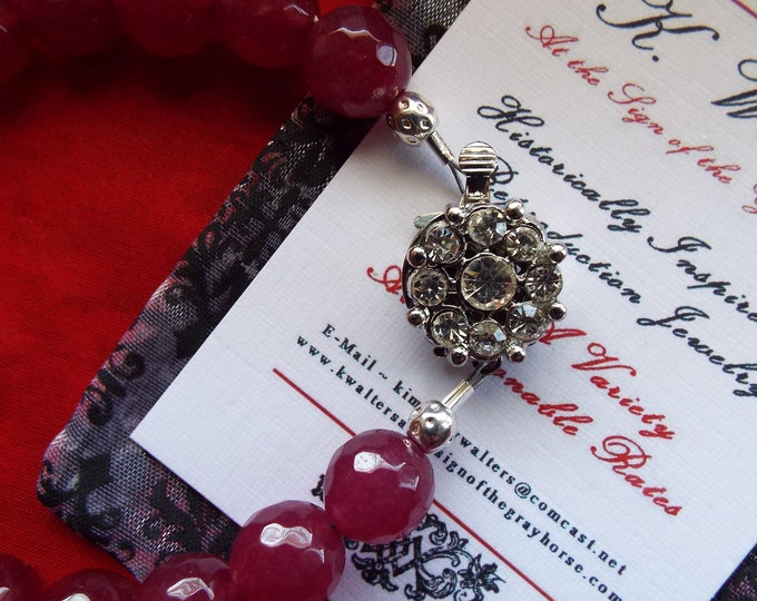 Item N-0072R - Red-Pink Jade with a Forget Me Not Rhinestone Silver Slide Clasp Necklace