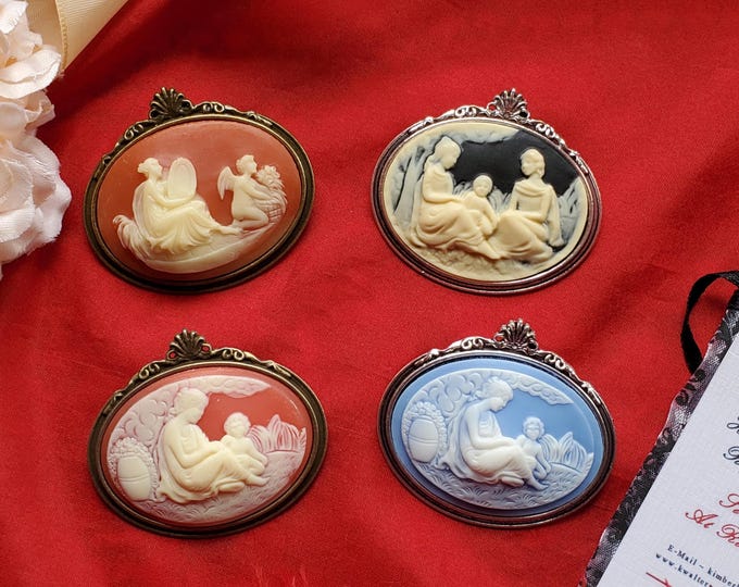 BR-0044 - Antiqued Silver Sideways Brooch with Vintage Style Cameos - Blue, Coral, Black - Regency, Georgian, Jane Austen