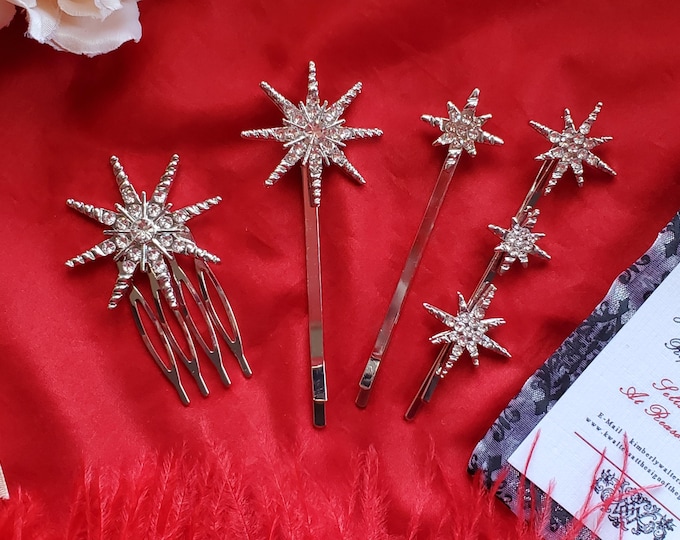 HA-0034 - Crystal Star Hair Combs and Bobby Pins - Regency, Georgian, Empress Sissy
