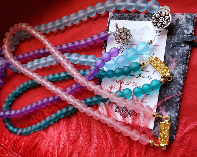 N-0072C - Sea Glass Beaded Necklace - Sea Glass, Frosted Glass, Glass, Blue, Pink, Purple, Teal