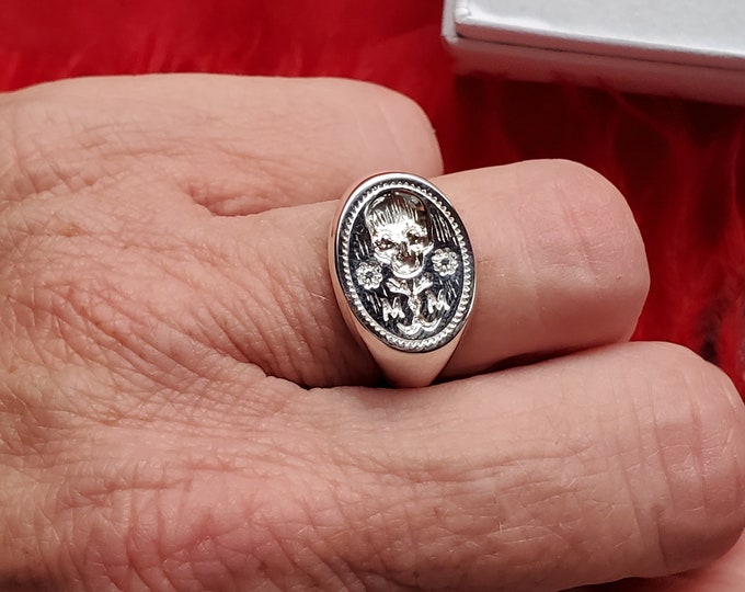 R-0086 - Mourning Skeleton Memento Mori Signet Ring - Memento Mori, Mourning Ring, Skeleton Ring, Reproduction, Signet Ring, Seal Ring