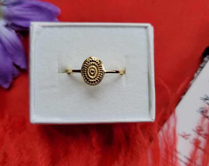 R-0071H - Sunflower Design Vermeil Oval Ring - Regency, Georgian, Living History, Everyday