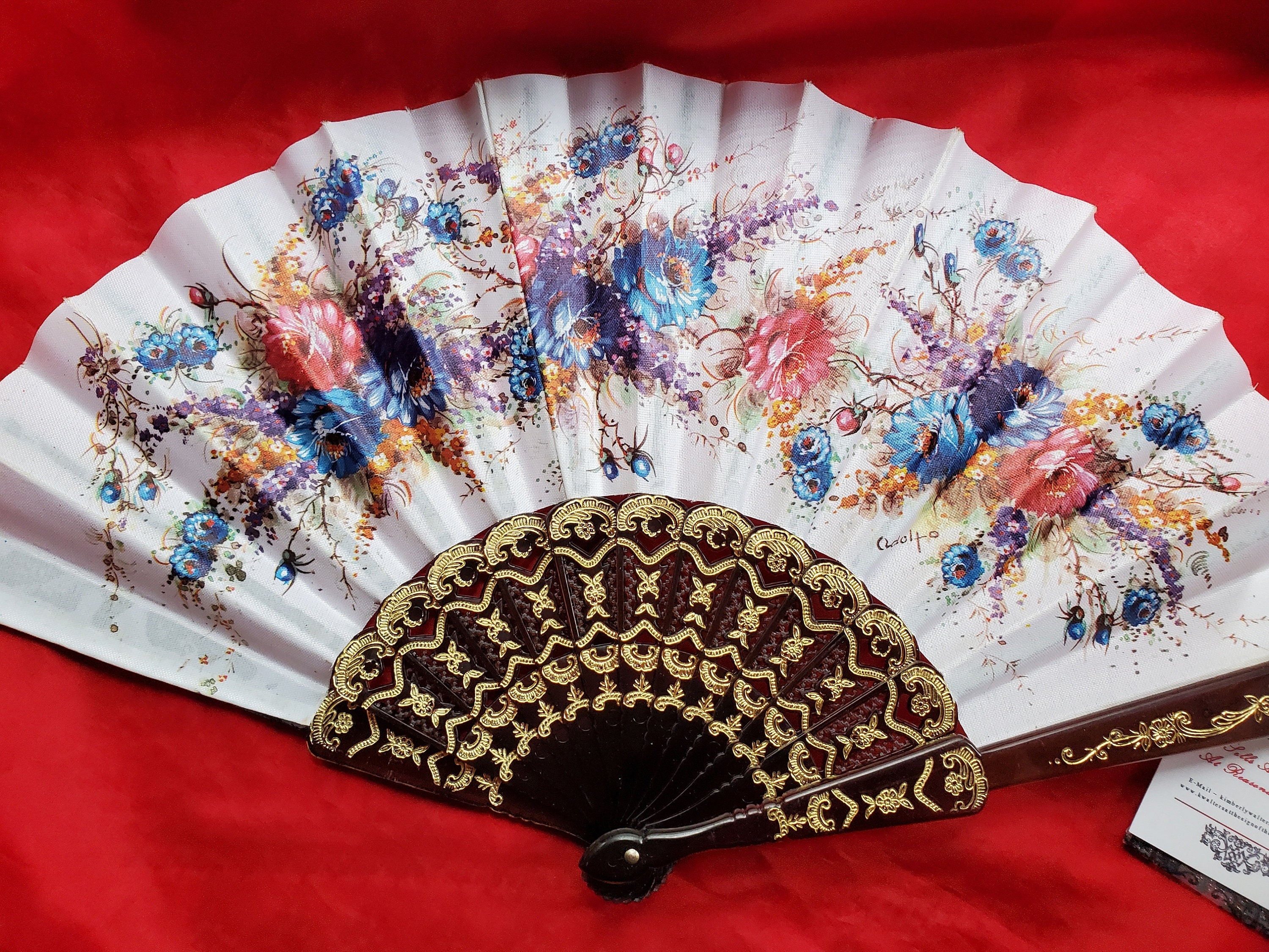 F-0005A - Silk Floral Screen Hand Fan - Georgian Fan, Regency Fan