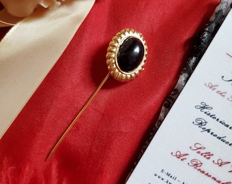 P-0003B - Vintage Onyx Glass Cabochon Gold Plated Stick Pin - New Old Stock, Regency, Victorian, Civil War, Georgian, Edwardian, Black, Onyx