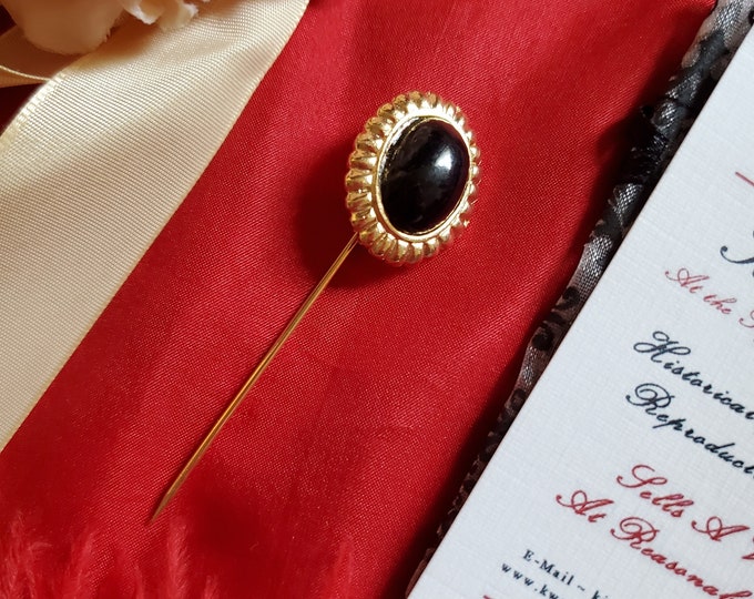 P-0003B - Vintage Onyx Glass Cabochon Gold Plated Stick Pin - New Old Stock, Regency, Victorian, Civil War, Georgian, Edwardian, Black, Onyx