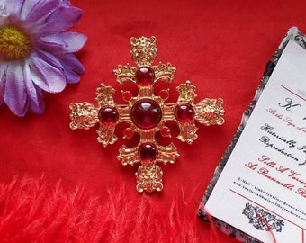 BR-0022 - Richard the Lionheart Brooch - Medieval Brooch, Renaissance Brooch, Medallion, Jerusalem Cross, Crusades, Gold, Red