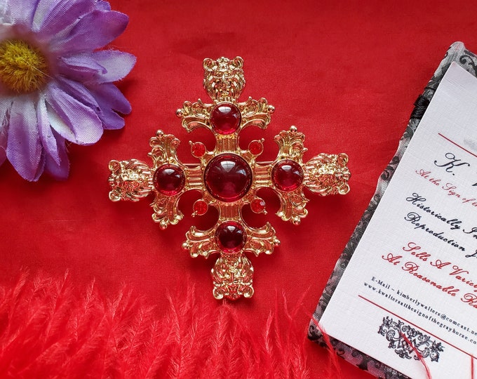 BR-0022 - Richard the Lionheart Brooch - Medieval Brooch, Renaissance Brooch, Medallion, Jerusalem Cross, Crusades, Gold, Red