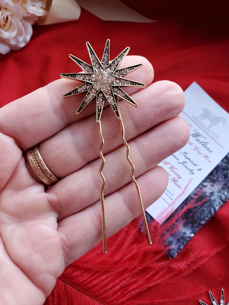 HA-0106A - Brass Crystal Star Hair Pins - Reenacting, Historical Hair Pins, Wig Sprigs, Hair Decorations