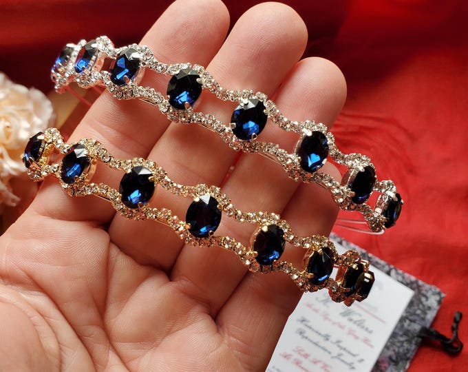 HA-0067 - Dark Sapphire and Clear Crystal Headband - Silver or Gold