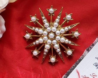 BR-0034L - Gold Star Pearl Brooch, 18th Century Brooch, Royalty, Pearls, White, Sun Moon and Stars